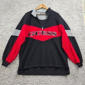 Guess Sweater Mens Medium Black‎ Red Fleece Spellout 1/4 Zip Vintage Y2K